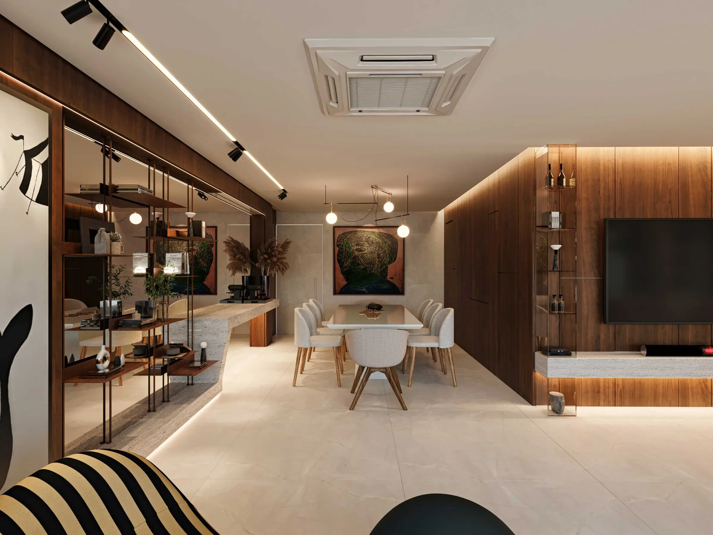 3D image: view of the dining area between metal shelves and wood panelling