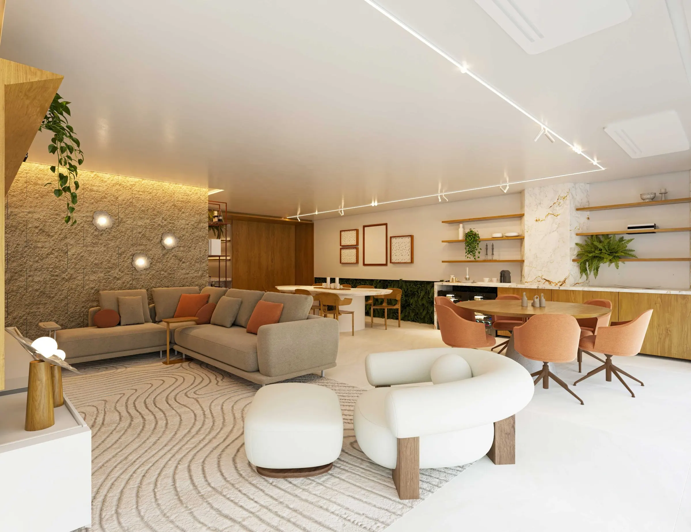 3D image: living area with curved armchairs and a wavy rug