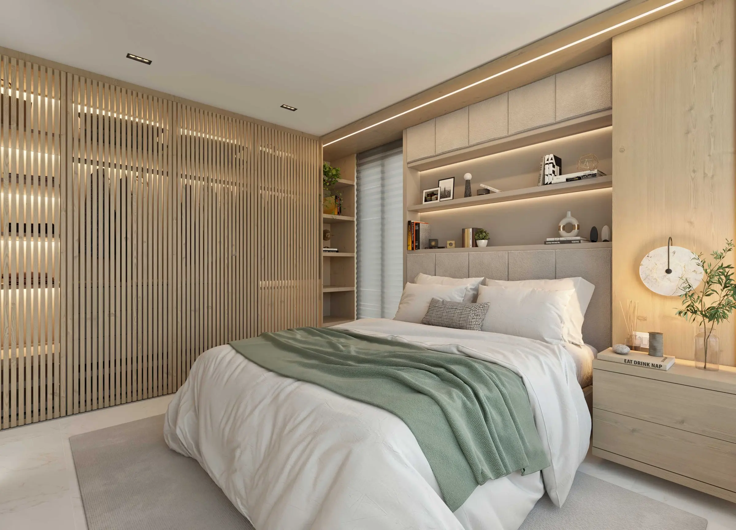 3D image: bedroom with slatted wardrobe and a green throw
