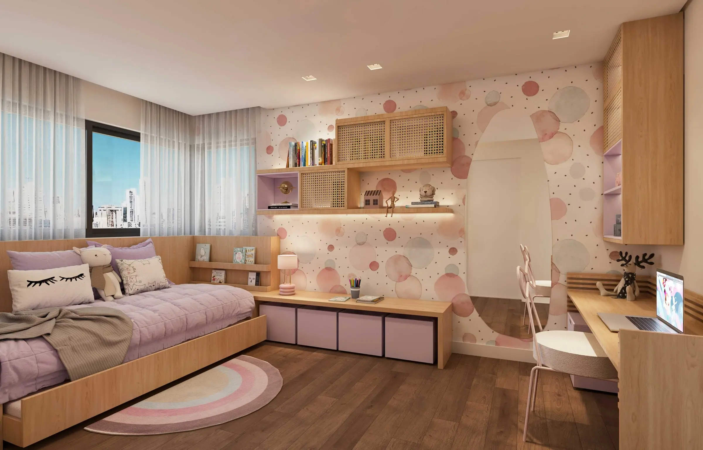 Imagem 3D: quarto de menina com bicama e papel de parede de bolinhas