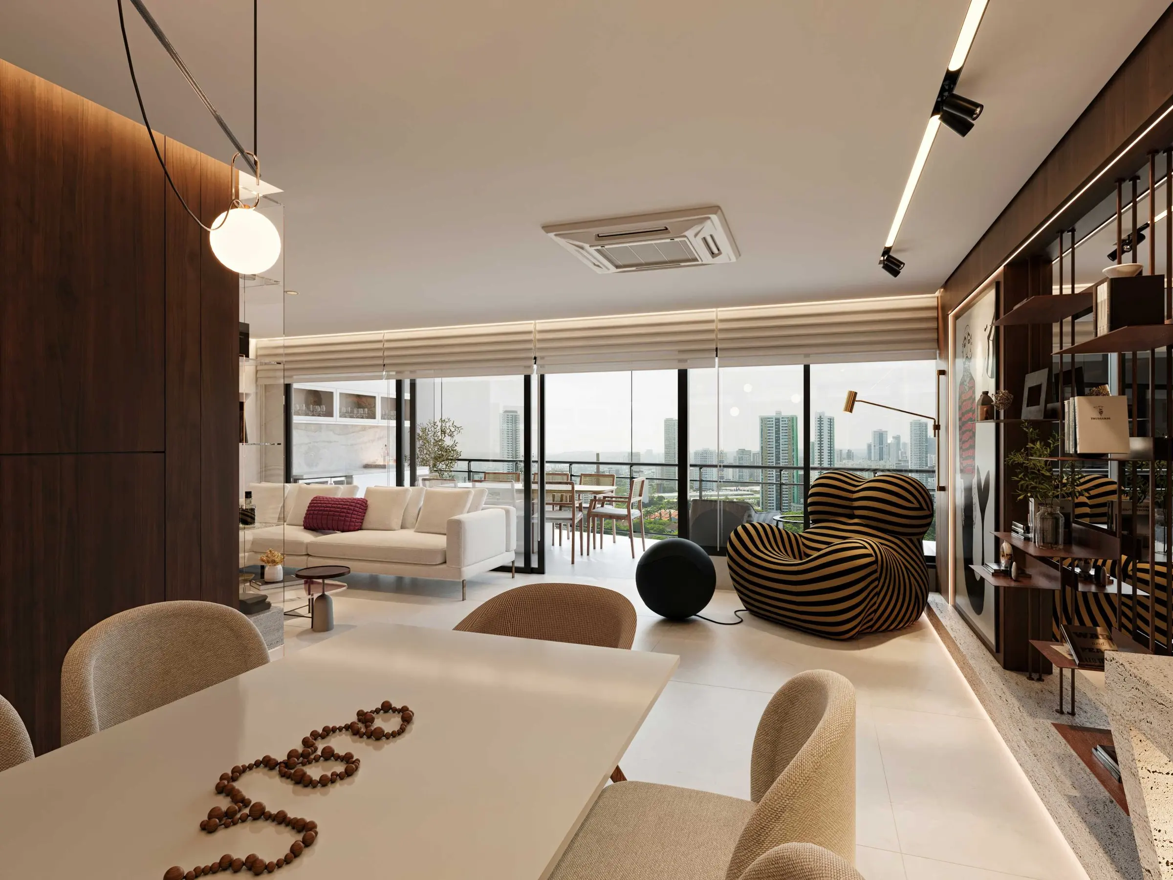 3D image: dining table overlooking the living room and balcony