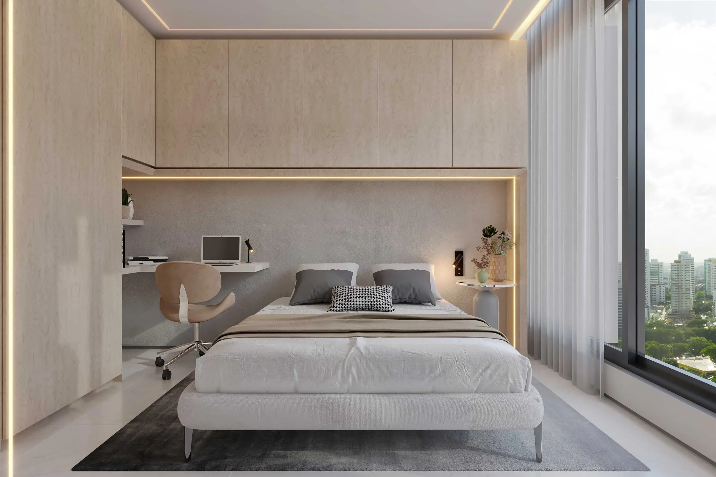 3D image: bedroom with a desk built into the joinery