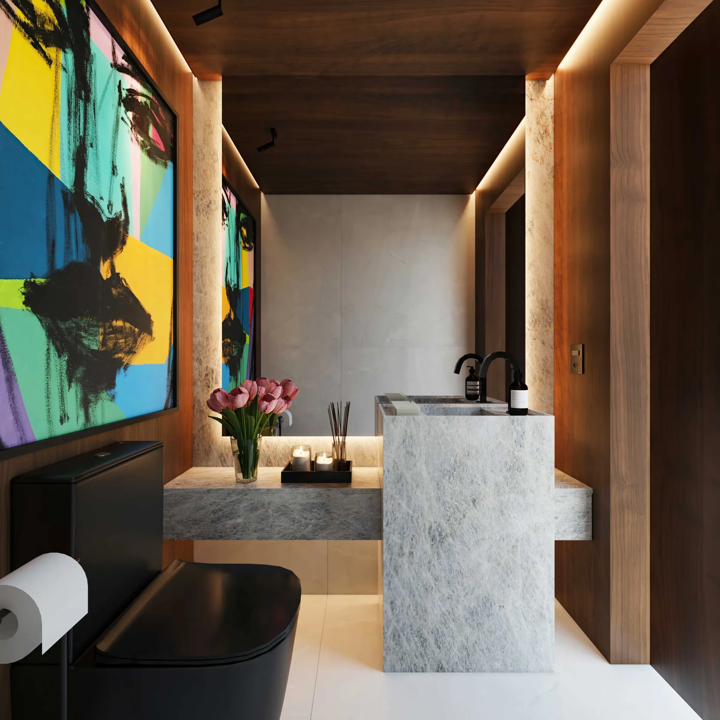 Imagem 3D: lavabo com bancada em pedra e arte vibrante