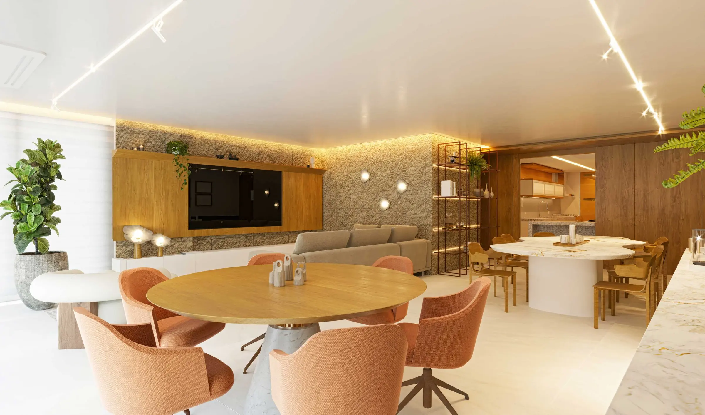 3D image: round table with terracotta chairs and a TV wall
