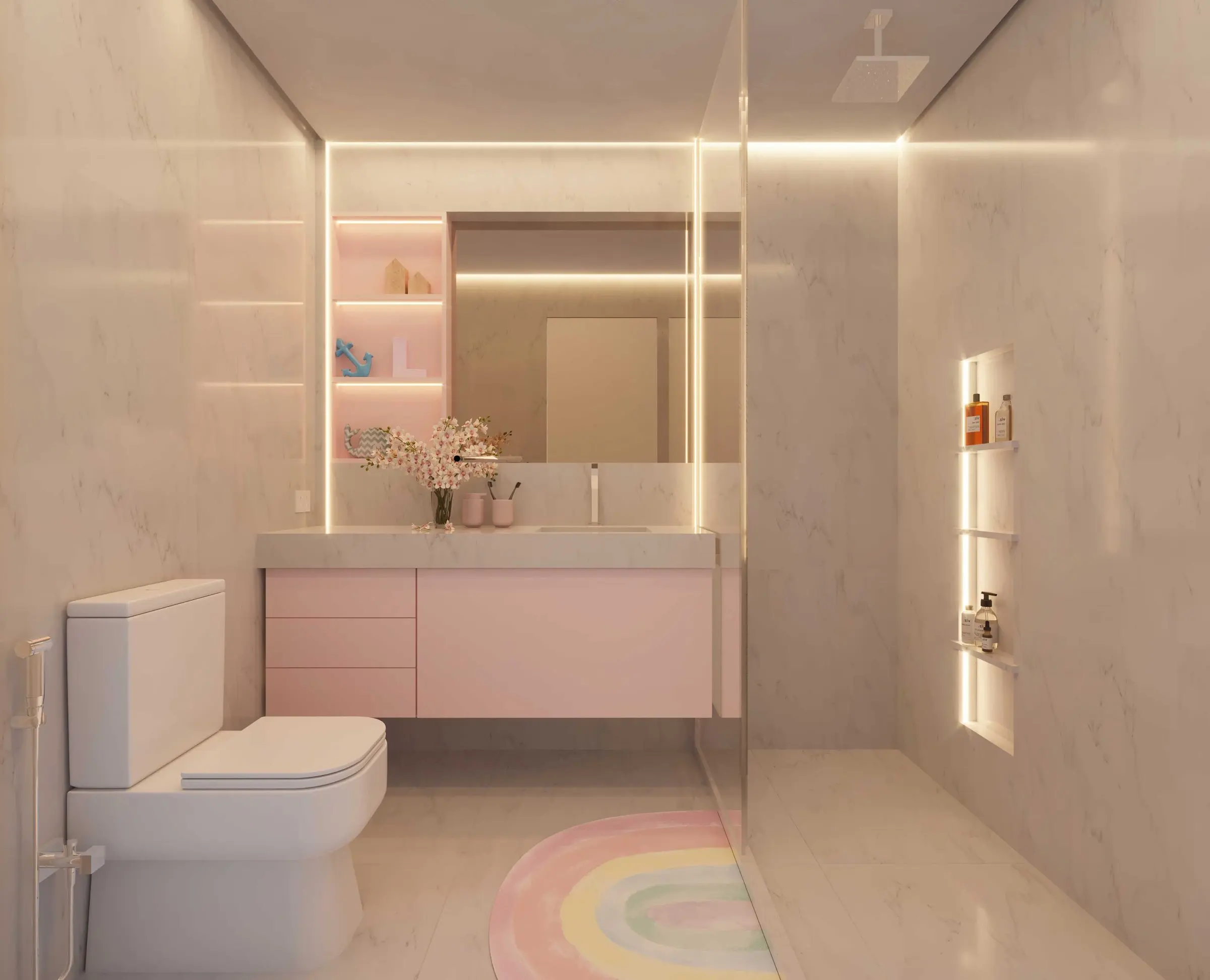 Imagem 3D: banheiro infantil em tons de rosa