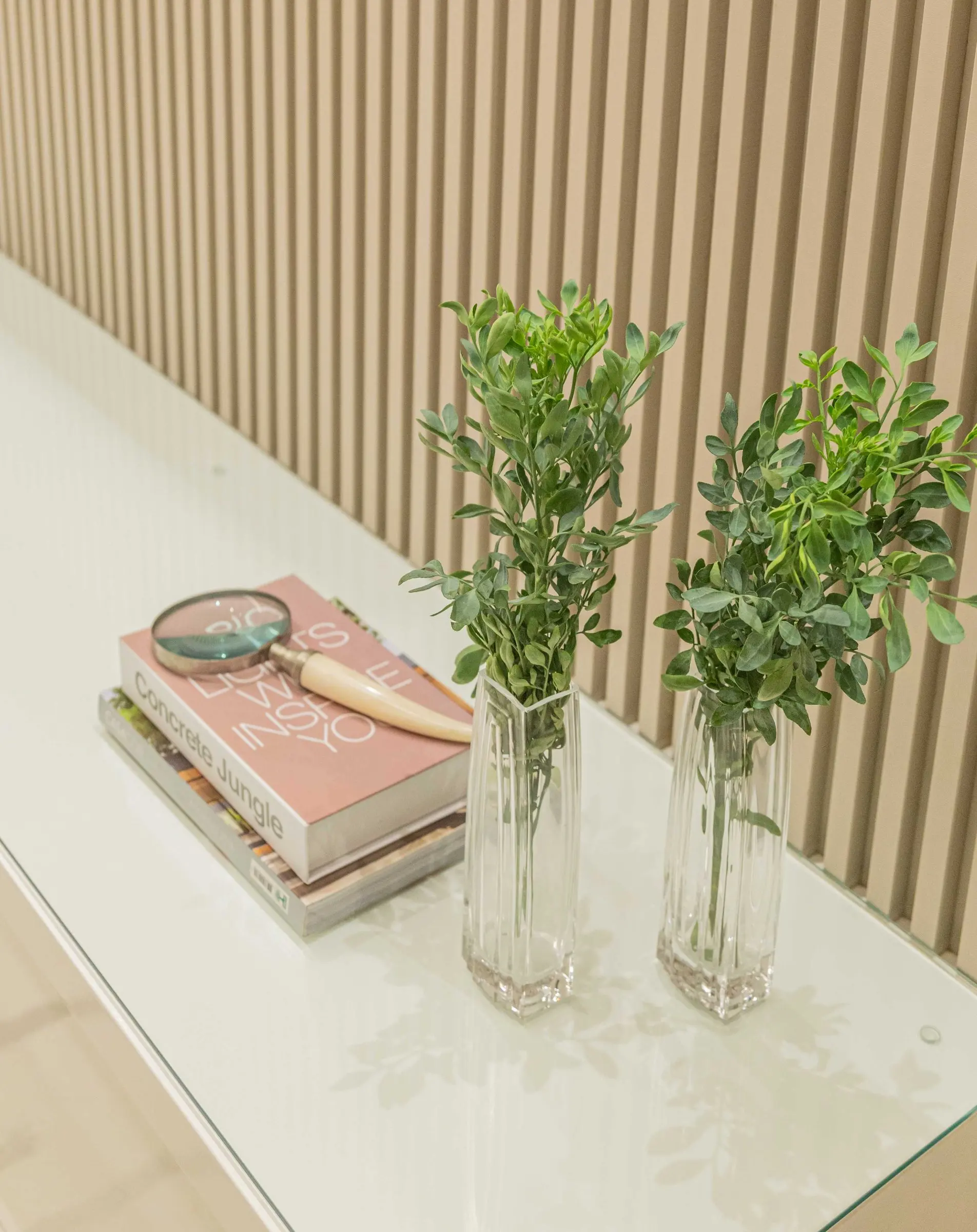 Detail of books and plants on a glass counter